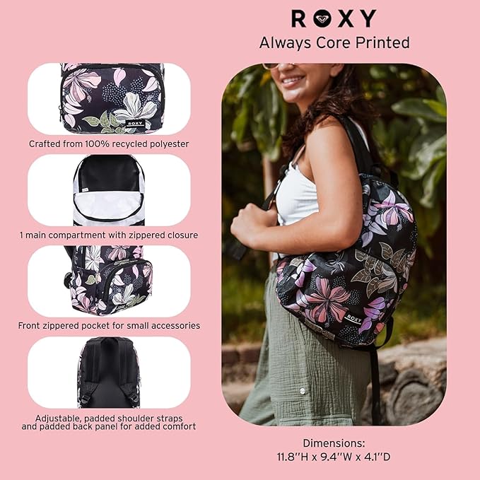 Roxy Women Always Core Backpack | Travel | Everyday Carry | Beach | Polyester | 8L Capacity - Anthracite Sol Searcher Ditsy