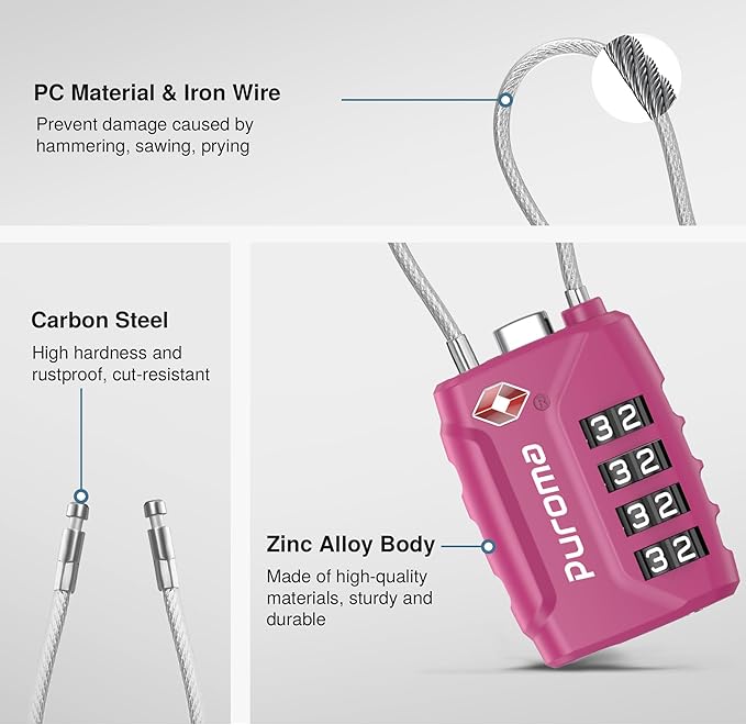 Puroma TSA Approved Luggage Lock, Multicolor 4 Digit Combination Travel Locks Resettable Code Lock with Zinc Alloy Body for Suitcase, Backpack, Bag, Gym Locker (Black,Blue,Silver,Red-Violet)