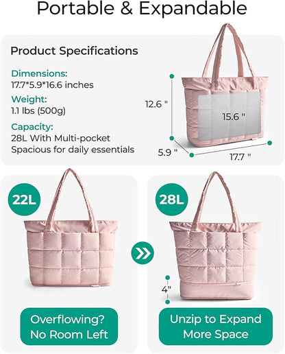 BAGSMART Expandable Tote Bag for Women, Puffer Work Tote Handbag, Quilted Carry On Bag for Travel Gym