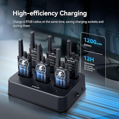 Retevis RT68 Walkie Talkies with Earpiece, Portable FRS Two-Way Radios Rechargeable, with 6 Way Multi Unit Charger, Hands Free, Long Range, Rugged 2 Way Radios 6 Pack for Adults School Church
