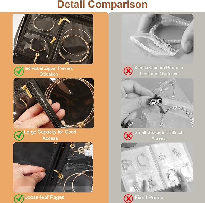Travel Jewelry Case Organizer for Women, Jewelry Storage Book with Small Pouch, Travel Jewelry Bag Case for Traveling Earrings, Rings, Bracelet Organizer (Inner Pages, 3 PCS, Black)