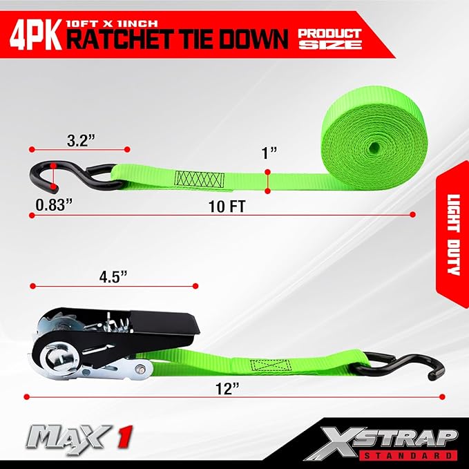 XSTRAP STANDARD Ratchet Tie Down Straps 4 Pk 10 Ft- 300 Lbs Load Cap- 900 Lbs Break Strength-Cargo Straps for UTV, ATV, Pickup,Truck, Moving Appliances, Lawn Equipment, Neon Green