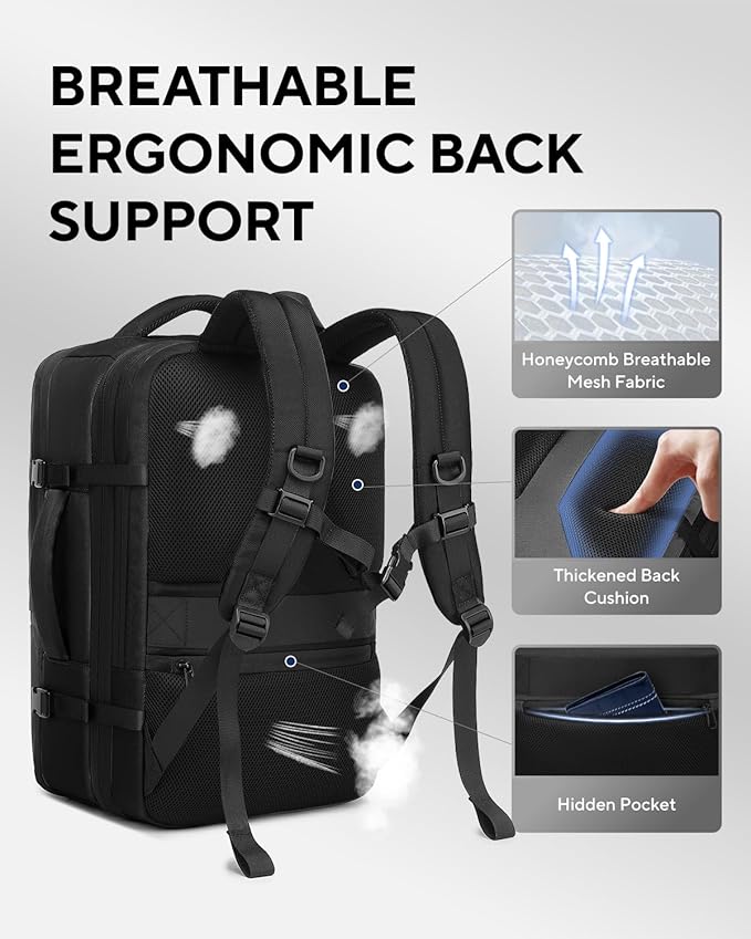 Dinictis Vacuum Seal Backpack 60L with Pump, Expandable Backpack with Vacuum Compression fits 17 inch Laptop, Water Resistant Carry On Suitcase Luggage suit for Short Trip and Business-Black