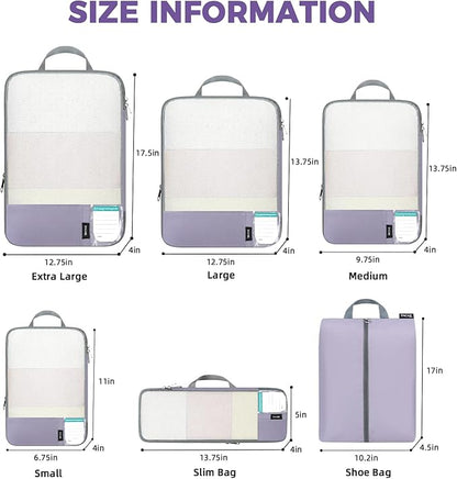 BAGAIL 6 Set Lightweight Compression Packing Cubes with Packing List, Anti-Tearing Expandable Organizer Bags for Travel, Dusty Purple