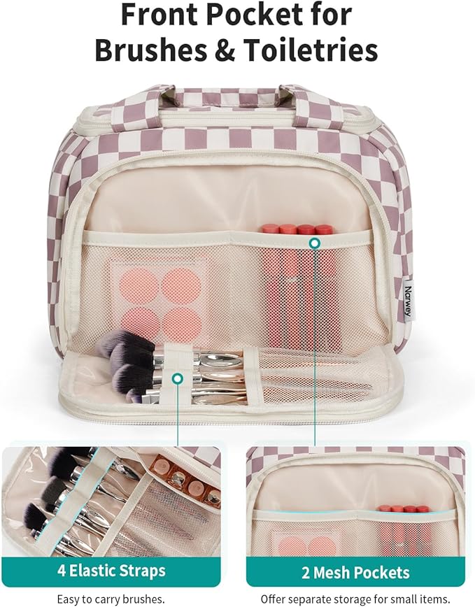 Narwey Large Travel Toiletry Bag, Wide-open Travel Bag for Toiletries, Toiletry Bags for Traveling Women, Cosmetic Make Up Makeup Bag Organizer with Wet Pocket, Skincare Bag (Dusty Pink Checkerboard)
