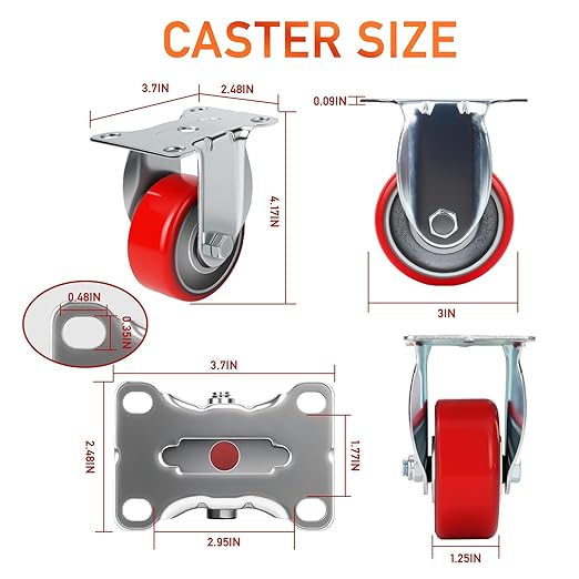 3 Inch Caster,Heavy Duty Caster Wheels Set of 4,Load 1400 Lbs,Polyurethane Steel Wheels,Noiseless Swivel Casters for Trolleys,Furniture,Toolboxes(2Swivel&2Rigid)