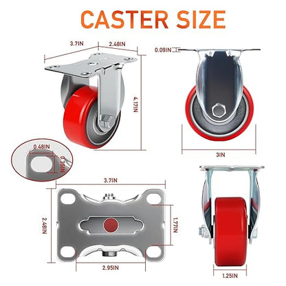 3 Inch Caster,Heavy Duty Caster Wheels Set of 4,Load 1400 Lbs,Polyurethane Steel Wheels,Noiseless Swivel Casters for Trolleys,Furniture,Toolboxes(2Swivel&2Rigid)