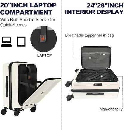 Merax Luggage Sets 3 Piece,Front Open PC Hardshell Expandable Carry on Suitcase with Spinner Wheels and TSA Lock,Lightweight 20in/24in/28in Luggage,Creamy White