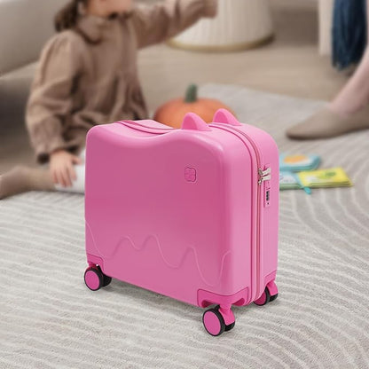 Kids Ride-On Suitcase, 18" Rolling Luggage With Lock, 33.6qt Internal Capacity, Carry on Hardside Trolly Case for Short Trips, Study Tours, Outings (Pink)