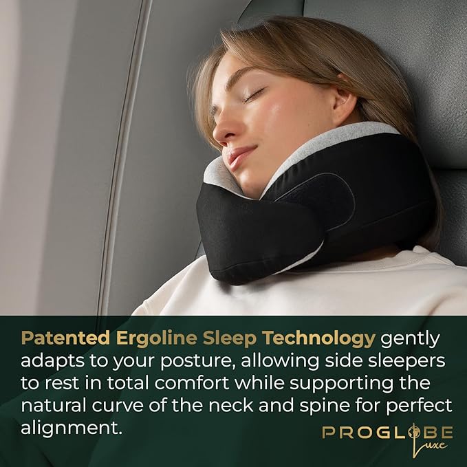 Proglobe Charcoal Black Memory Foam Travel Neck Pillow for Airplanes, Compact Plane Cushion for Long Flights with Soft Chin Support and Compression Bag, Comfortable Lightweight Air Travel Accessory