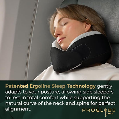 Proglobe Charcoal Black Memory Foam Travel Neck Pillow for Airplanes, Compact Plane Cushion for Long Flights with Soft Chin Support and Compression Bag, Comfortable Lightweight Air Travel Accessory