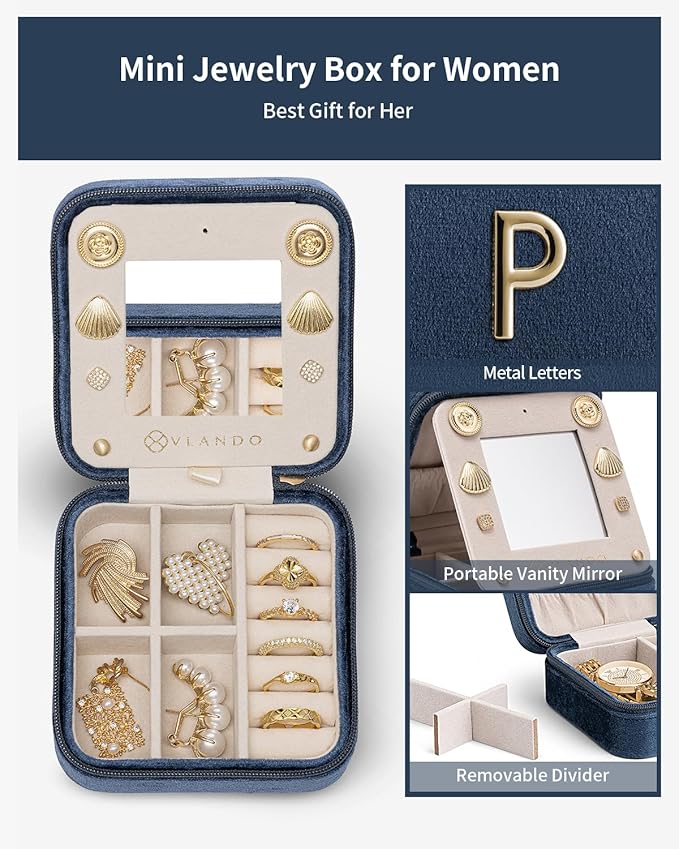 Vlando Jewelry Organizer Box, Small Jewelry Box for Women Girls, Initial P Travel Jewelry Case, Small Jewelry Organizer Case, Mini Travel Jewelry Box - Letter P, Dark Blue