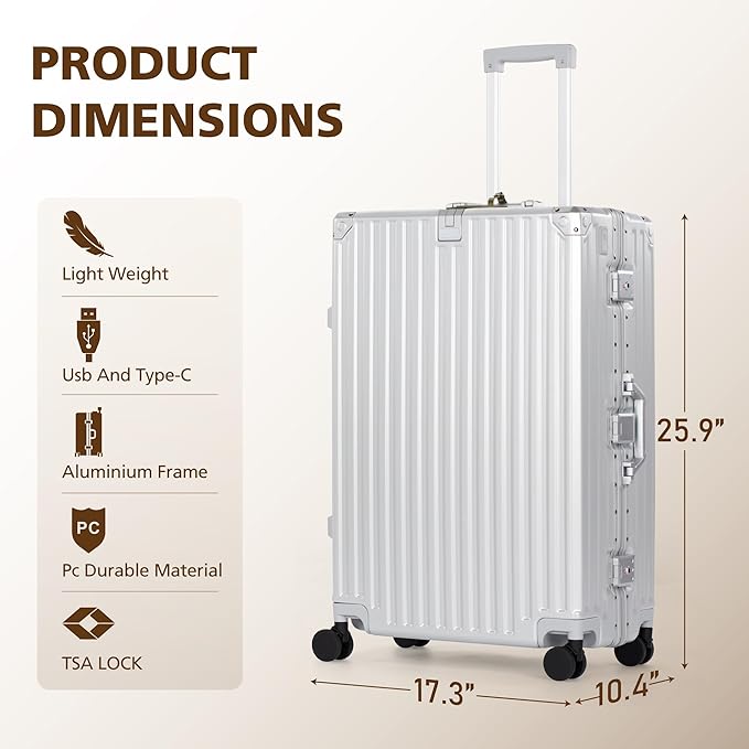 24-Inch Check In Suitcase with Thickened Aluminum Frame, PC Hardside Zipperless Luggage with Spinner Wheels, TSA Lock,USB Charging Port, Light Gray
