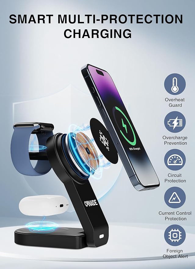 Wireless Charger for Apple MagSafe, Foldable 3 in 1 Wireless Charging Station Magnetic Charger Stand for iPhone 17/16/15/14/13/12 Series/Apple Watch10-2/Airpods (Black)