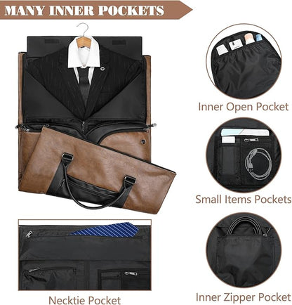 Garment Duffle Bags for Travel with Shoe Compartment 2 in 1 Convertible Carry on Garment Bag for Men Business Foldable Suit Bag for Hanging Clothes, Brown