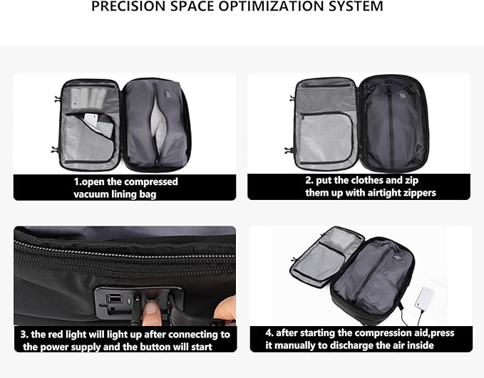 LIGHTGO] Travel-friendly Vacuum Packing Backpack with Built-in Air Pump, Portable Compression Cube, TSA-approved Lock, and Waterproof for College Students and Family Trips.