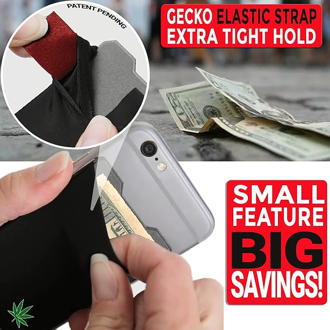 Gecko Travel Tech Double Pocket - Adhesive Card Holder - Cell Phone Pouch - Stick on Spandex Pocket - Carry Credit Cards and Cash (Weed)