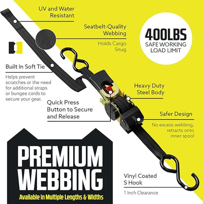 DC Cargo Mall Auto Retractable Ratchet Straps (2-Pack) 1” x 10ft, Heavy Duty, 1,209lb Break Strength – Tie Down Straps for Cargo, Truck, Trailer, Motorcycle, Boat