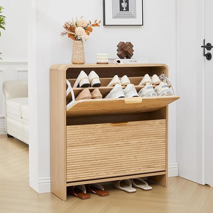 RARZOE Fluted Shoe Cabinet with 2 Flip Drawers, Narrow Curved Shoe Storage Cabinet for Entryway, Freestanding Wood Hidden Shoe Organizer Closed Shoe Rack Cabinet for Foyer, Hallway (29.5''Natural)