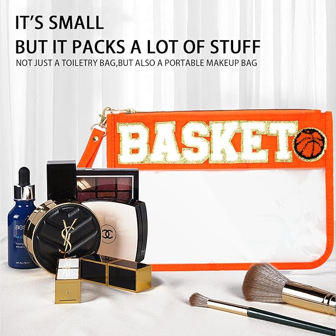 2 Pcs Basketball Gifts Makeup Bag with Chenille Letter Patch,with Handles PVC Waterproof Clear Makeup Bag,Portable Toiletry Storage Bag,Players & Fans Birthday, Team or Sports Lover Presents