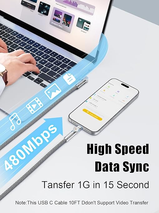 60W USB C to USB C Cable 10FT,180°Rotation Long USB C Cable Fast Charging, Nylon Braided Type C Charger Cord for iPhone 17/16/15,MacBook,iPad,Samsung ﻿