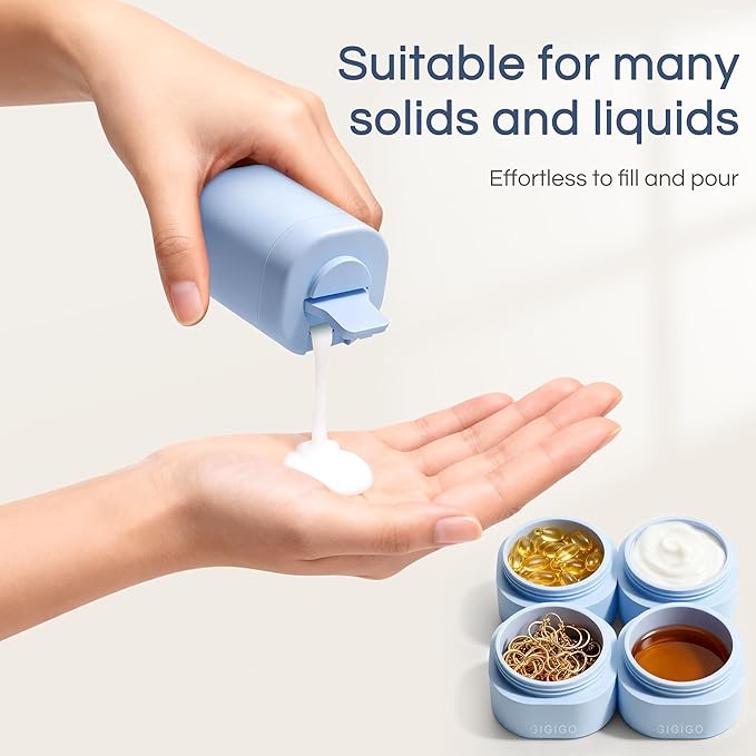 GIGIGO Magnetic Travel Containers Blue Set, 8-Pack Leakproof Refillable Cosmetic Capsules (0.68/1.69/3.04 fl oz) for Toiletries, Customizable Travel Size Jars with Lids & Labels for Shampoo, Pill