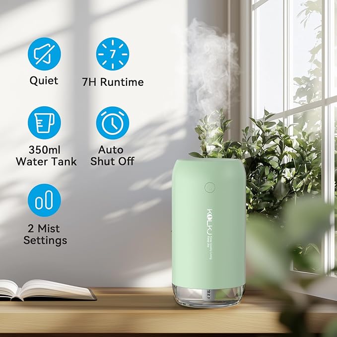 Portable Mini Humidifier, KQLKJ 350ml Small Cool Mist Humidifier, USB Personal Desktop Humidifiers for Bedroom Car Office Travel with Auto Shut-Off & 2 Mist Modes (Green)