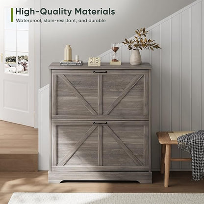 Shoe Storage Cabinet with 2 Flip Drawers, Farmhouse Narrow Shoe Cabinet Storage for Entryway, Slim Shoe Rack Cabinet with Wooden Feet, Gery