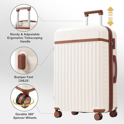 Merax Luggage Sets Front Opening, 2 Piece Hardshell Suitcase with Spinner Wheels and Bags,Lightweight Carry on Luggage with USB Port,20+24,White and Brown