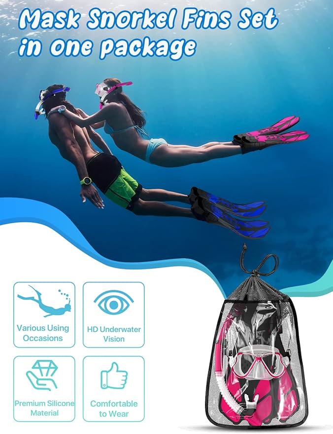 Zenoplige Mask Fins Snorkel Set, Snorkeling Gear for Adults, Panoramic View Snorkel Mask Anti-Fog, Adjustable Dive Flippers, Dry Top Snorkel and Travel Bag, Scuba Gear for Swimming Snorkeling Diving