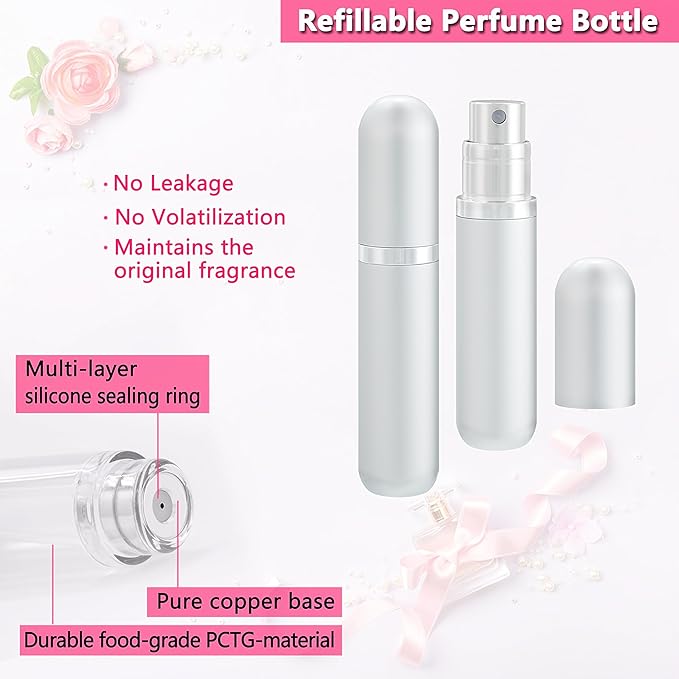 Travel Perfume Atomizer Refillable Bottle - 5ML Leakproof Luxury Travel Perfume Atomizer, Refillable Perfume Spray Bottle for Women (Silver)
