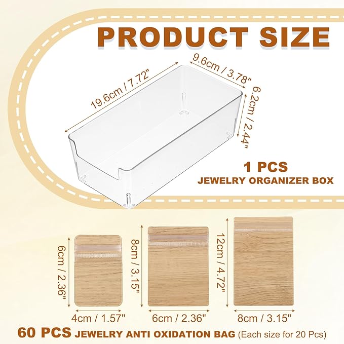 PATIKIL Clear Jewelry Box, Organizer Holder Box with 60 Pcs Portable Anti Tarnish Jewelry Bags, Travel Case for Women Earrings Rings Necklaces Bracelets, Light Brown 3 Size