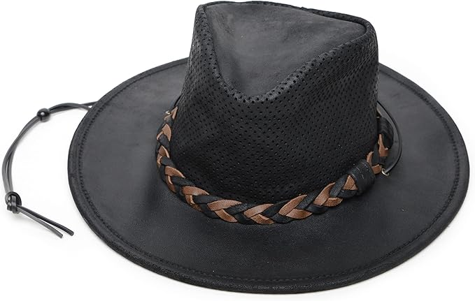 Minnetonka Fold-Up Outback Hat -Leather Brim Hat Made with Genuine Leather, Adjustable Chin Strap, and Fold-Up Design