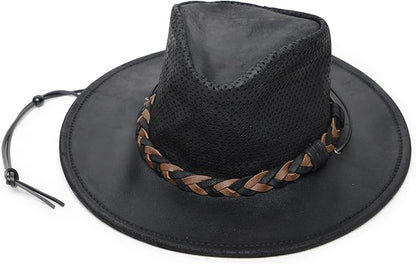 Minnetonka Fold-Up Outback Hat -Leather Brim Hat Made with Genuine Leather, Adjustable Chin Strap, and Fold-Up Design