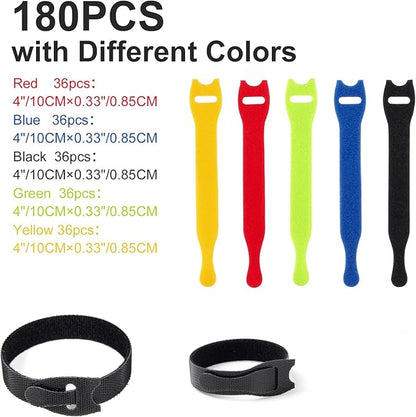 OneLeaf 180PCS Valuable Wire Organizer 4Inch Reusable Cable Ties with Hook and Loop, Colorful Fastening Cord Ties Wire Management for Home, Office, Data Centers, and Electronics, 5 colors