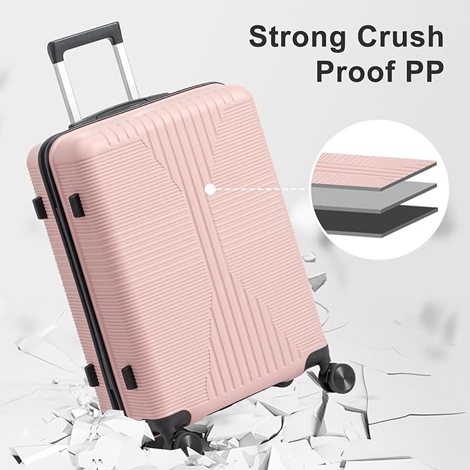 Karl home Luggage Sets 5 Piece, PP Hard Case Suitcase Set with Built-in Lock Spinner Wheels, Lightweight Durable Carry on Luggage for Business Travel - Rose Gold (12/16/20/24/28")