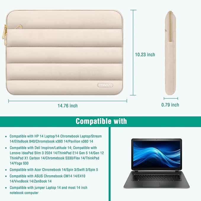 MOSISO 14 inch Laptop Case, 14 inch Puffy Laptop Sleeve Compatible with HP Lenovo Dell ASUS Acer, HP Stream, Dell Latitude, Lenovo IdeaPad, Polyester Horizontal Bag with Small Case, Sand