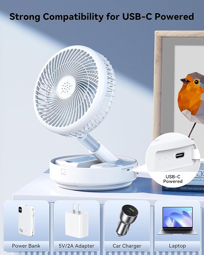 Portable Oscillating Travel Fan, 10400mAh Battery Operated Rechargeable USB Floor Table Desk Fan with Remote, 4 Speed Settings Pedestal Fan for Home Bedroom Office Camping, White,8"