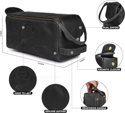 LEATHER VILLAGE Premium Leather Travel Toiletry Bag - Water-Resistant Dopp Kit for Toiletries, Large Shaving Bag & Bathroom Organizer - Gift for Men & Women - Distressed Black