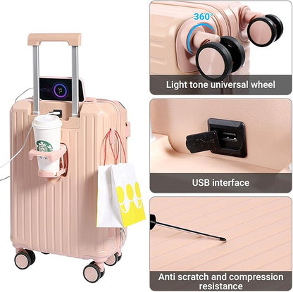 Carry-on Luggage with Cup Holder & USB Charging Port, Hard Side Luggage with Spinner Wheels, Lightweight Luggage for Travel, Business (Pink, Carry-On 20-Inch)