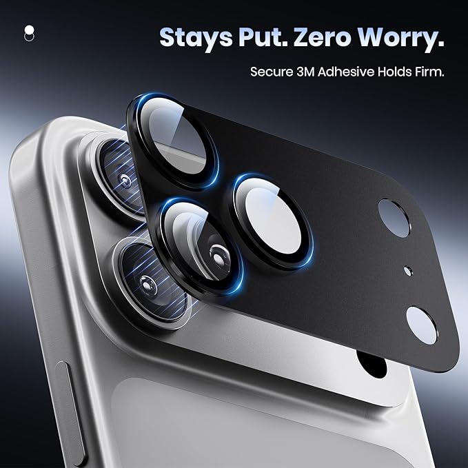Hoerrye for iPhone 17 Pro Camera Lens Protector - [12FT Shatterproof Military Grade] [Strong Adsorption] Metal 9H+ Tempered Glass Camera Screen Full Cover Case Friendly,Black