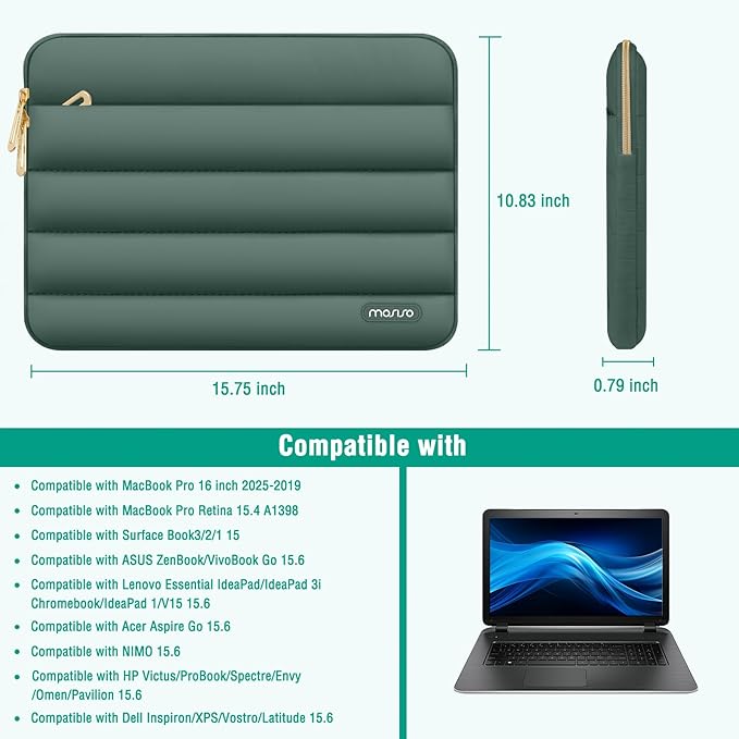 MOSISO 15-15.6 inch Laptop Case, 16 inch Puffy Laptop Sleeve Compatible with MacBook Pro 16, HP Dell ASUS Acer Toshiba Lenovo Notebook Computer, Polyester Horizontal Bag with Small Case, Emerald Green