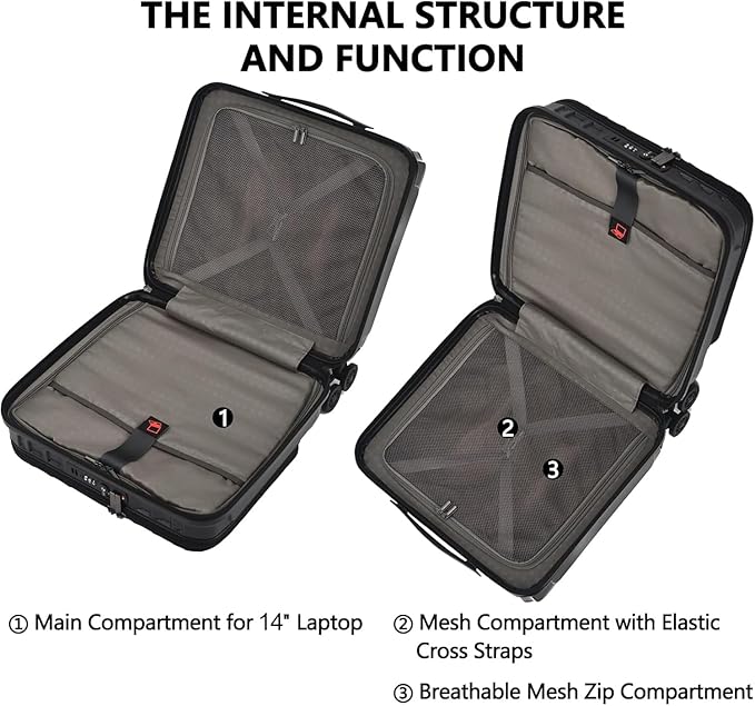 TydeCkare 16" Carry on Luggage with 2 Laptop Compartments, Lightweight Hardshell ABS+PC Suitcase with Dual Control TSA Lock, with YKK Zipper, 4 Spinner Silent Wheels, for Business Travel, Black