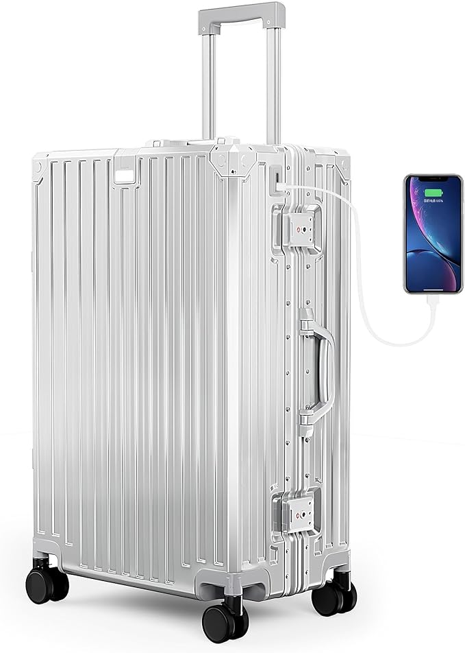 24-Inch Check In Suitcase with Thickened Aluminum Frame, PC Hardside Zipperless Luggage with Spinner Wheels, TSA Lock,USB Charging Port, Light Gray