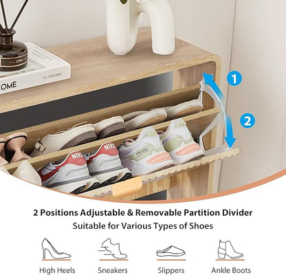 RARZOE Fluted Shoe Storage Cabinet with 2 Flip Drawers, Narrow Curved Shoe Cabinet for Entryway, Freestanding Wood Hidden Shoe Organizer Closed Shoe Rack Cabinet for Foyer,Hallway (27.5''Natural)