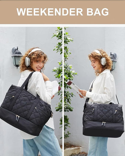 LOVEVOOK Travel Duffle Bag, Lightweight Weekender Bags for Women with Shoe Compartment, 40L Puffer Gym Bag Personal Item Travel Bag, Overnight Bags and Hospital Bag for Labor and Delivery, Black