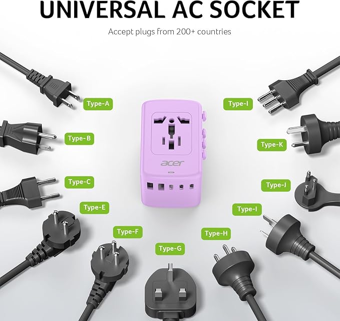 Acer Universal Travel Plug Adapter - International Power Adapter with 5 USB Ports (3 USB C) 5.8A, Worldwide Outlet Charger for USA to European UK France Germany Spain, Type C/E/F/G/I/L/A, Purple
