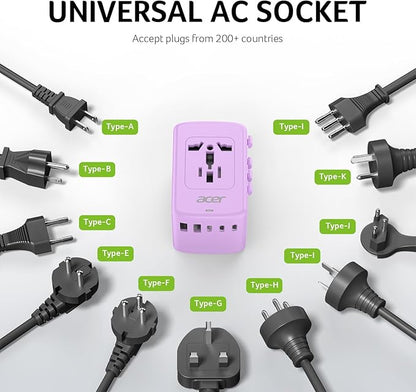 Acer Universal Travel Plug Adapter - International Power Adapter with 5 USB Ports (3 USB C) 5.8A, Worldwide Outlet Charger for USA to European UK France Germany Spain, Type C/E/F/G/I/L/A, Purple