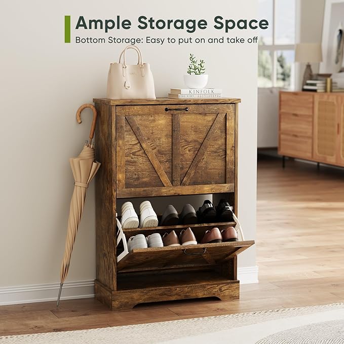 Shoe Cabinet, Shoe Storage Cabinet for Entryway with 2 Flip Drawers, Narrow Farmhouse Shoe Organizer Cabinet, Slim Shoe Rack Cabinet, 23.6in Rustic Brown