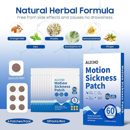Motion Sickness Patches 60ct – Non-Drowsy Sea Sickness Patches for Cruise, Car, Airplane & Travel – 72H Long-Lasting Travel Essentials for Adults & Kids